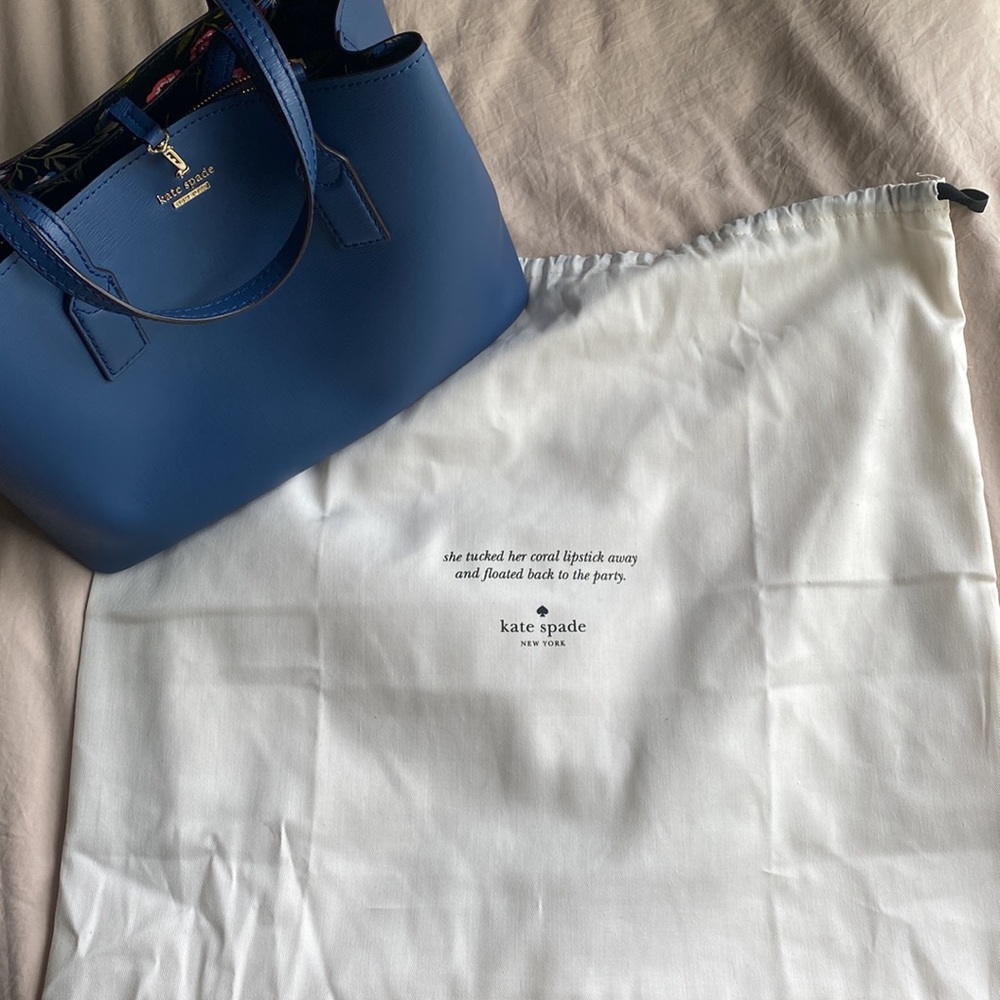 Small blue leather Kate spade hand bag with small floral removable hand bag.